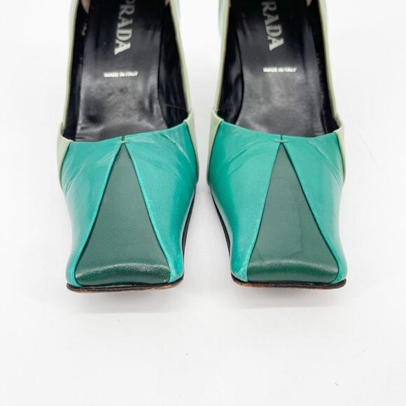 Vintage Prada Green Tricolor Colorblock Leather Square Toe Mid Heel Pumps 38.5 - Picture 6 of 11